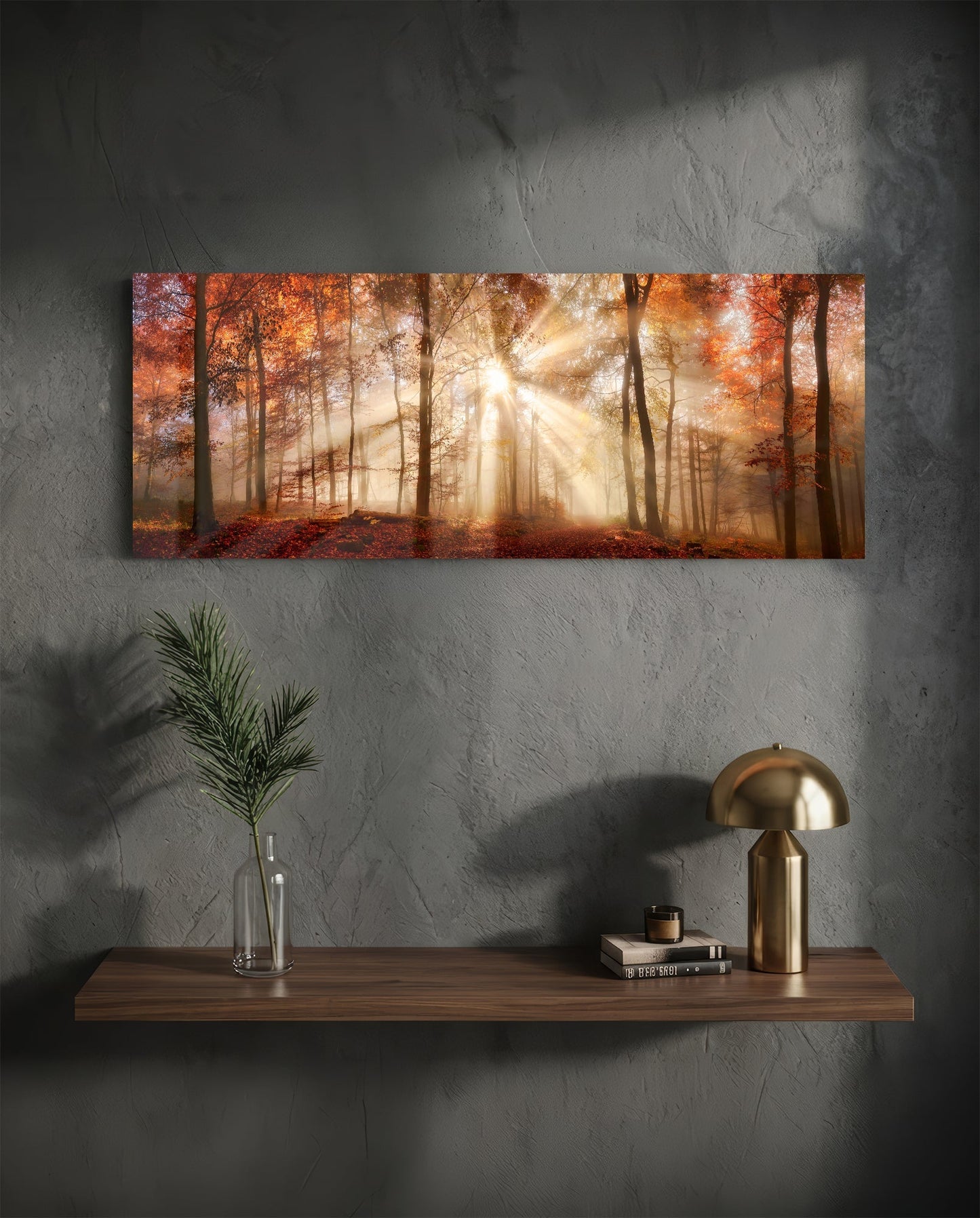 Amber Autumn Forest Light Rays Glass Wall Art