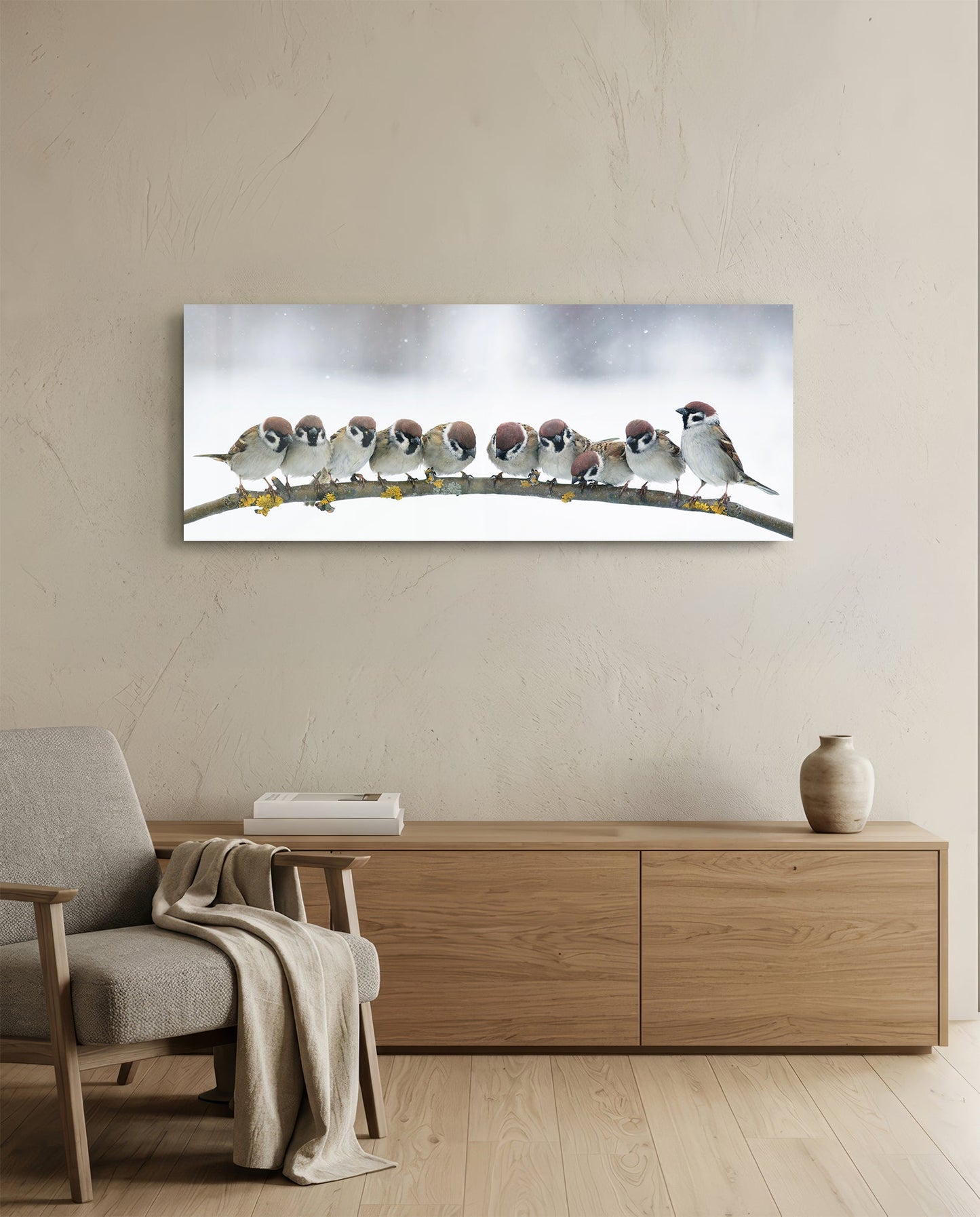 Snowy Sparrow Flock Lichen Branch Glass Wall Art