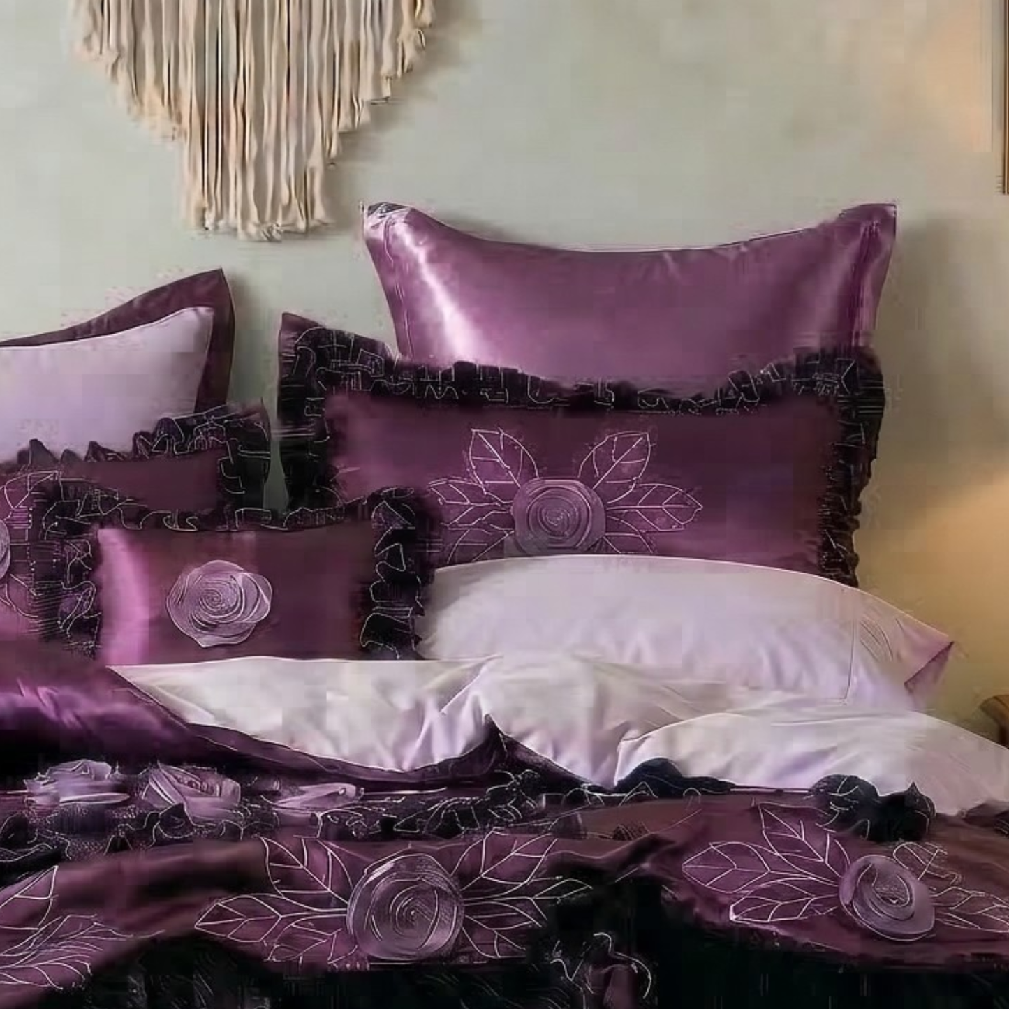 Tache Satin Ruffle Dark Purple Midnight Bloom Euro Sham (BM6438)