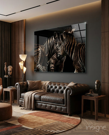 Nuzzling Zebra Pair Glass Wall Art