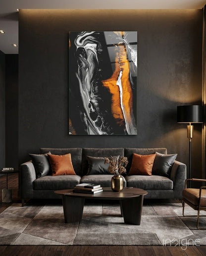 Orange Black Marble Swirl Glass Wall Art