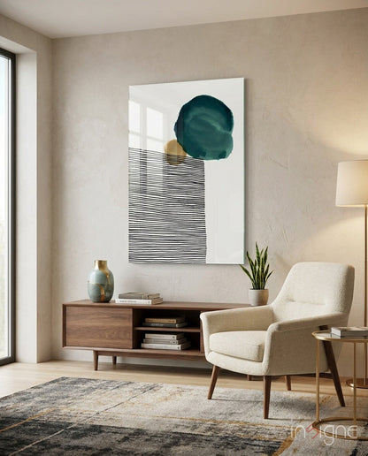 Teal Circle Black Stripes Gold Glass Wall Art