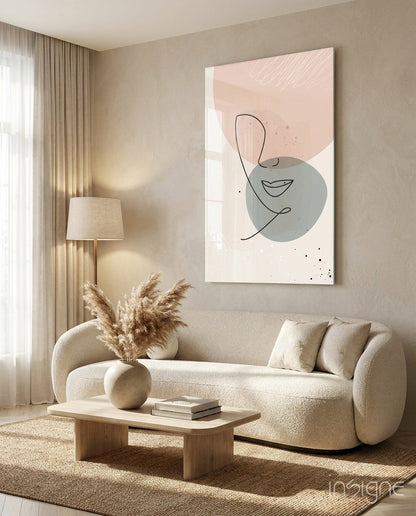 Blush Grey Circle Line Face Glass Wall Art