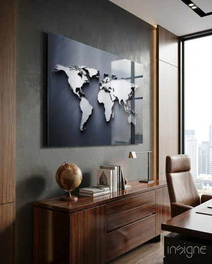 Silver World Map Glass Wall Art