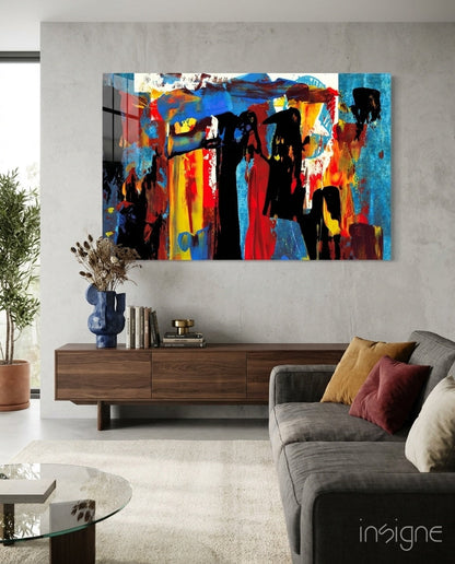 Blue Red Expressive Figures Glass Wall Art