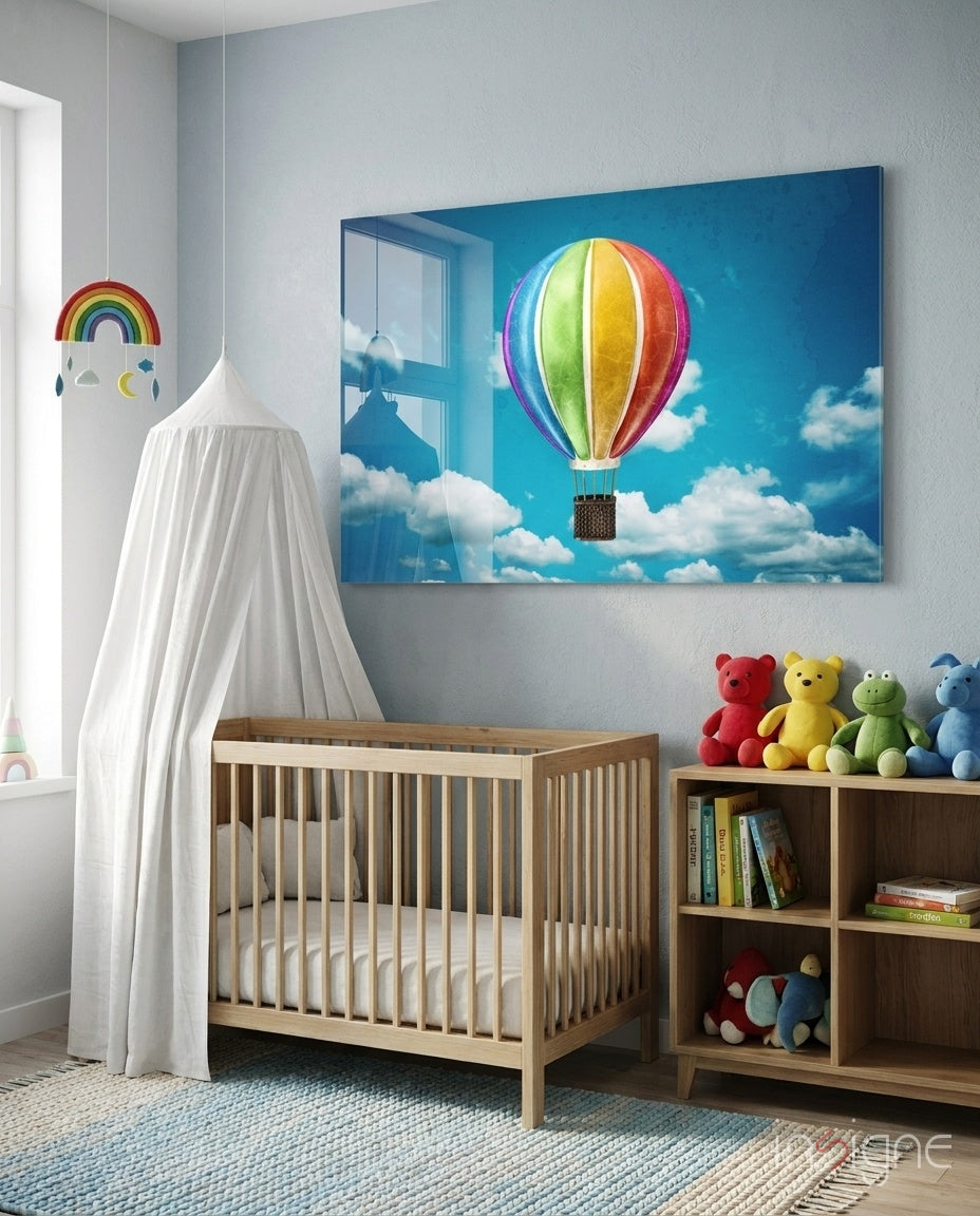 Rainbow Balloon in Bright Blue Sky Glass Wall Art