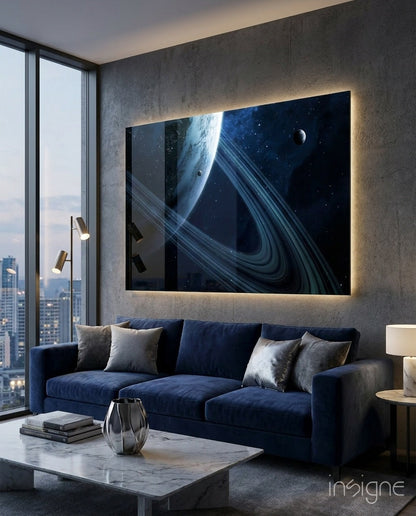 Blue Ringed Planet Glass Wall Art