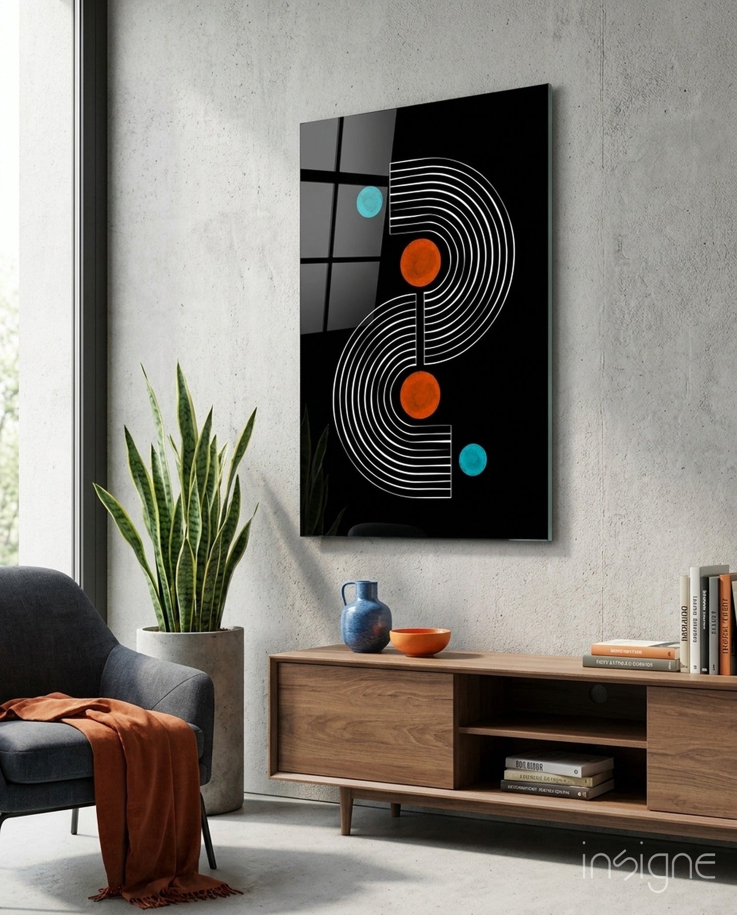 Black Mid Century S Arch Orange Dots Glass Wall Art