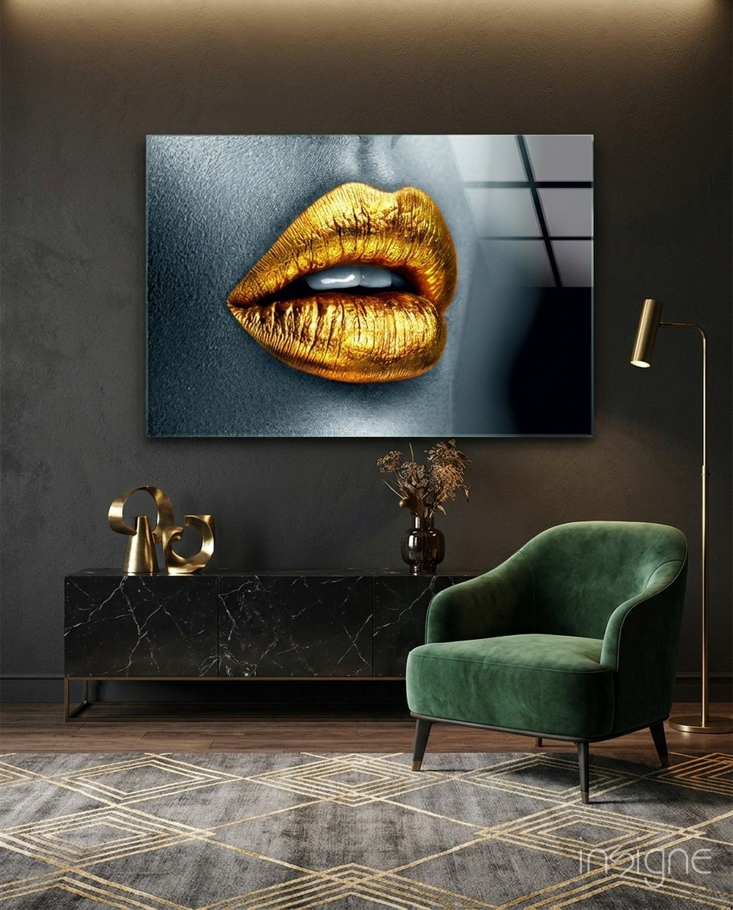 Golden Lips Glass Wall Art