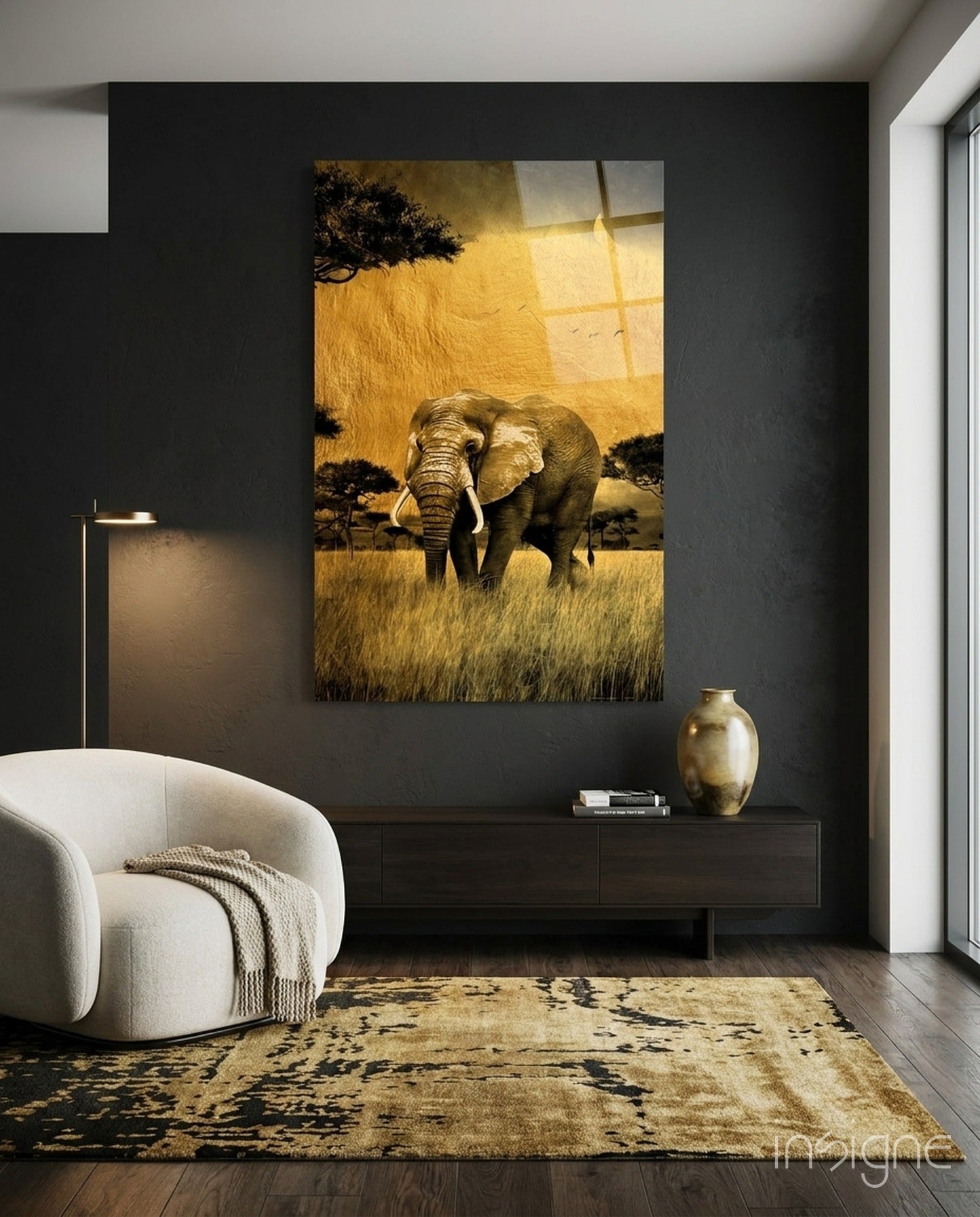 Golden Savanna Acacia Elephant Glass Wall Art