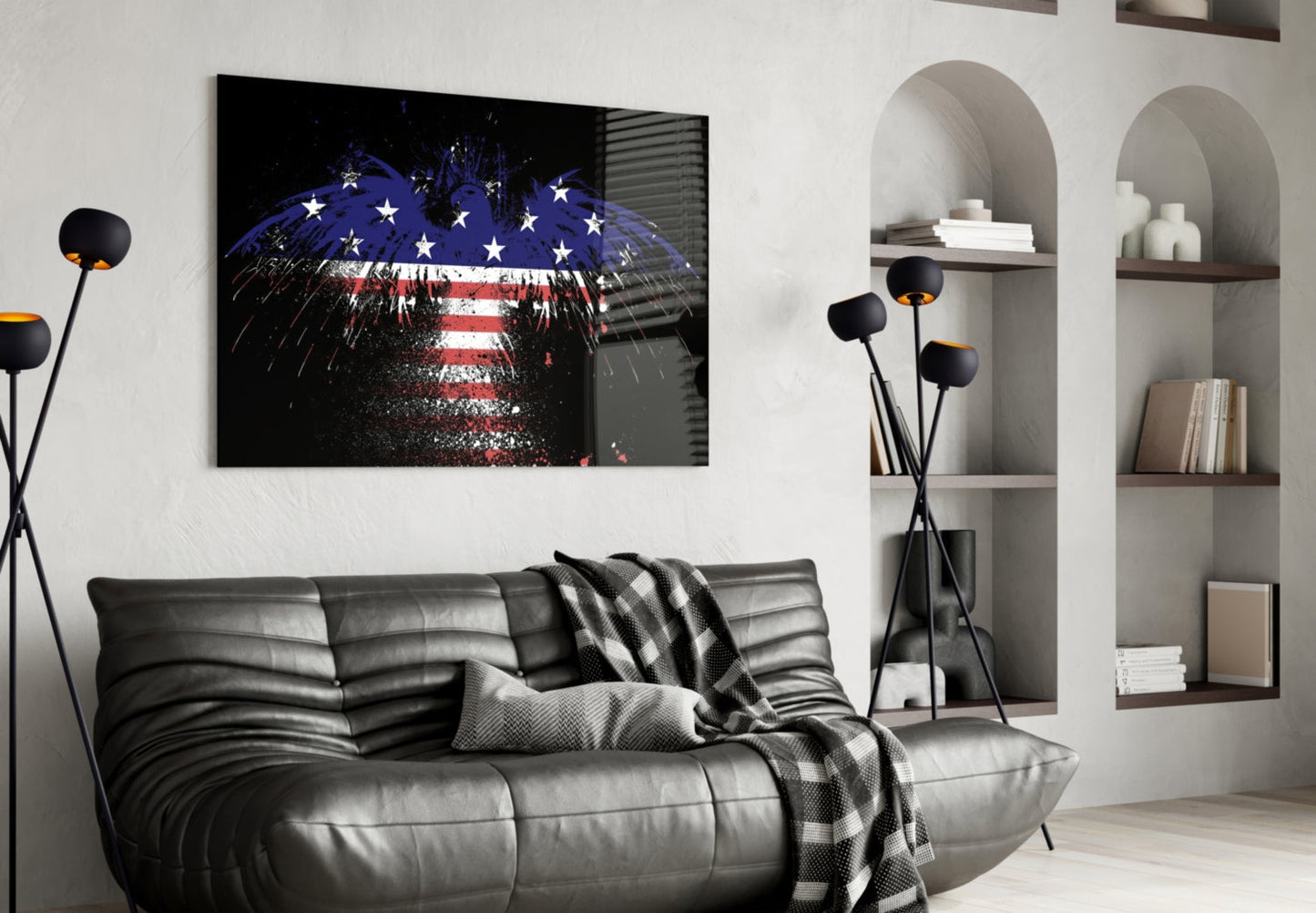 Flag Filled Silhouette On Black American Eagle Glass Wall Art