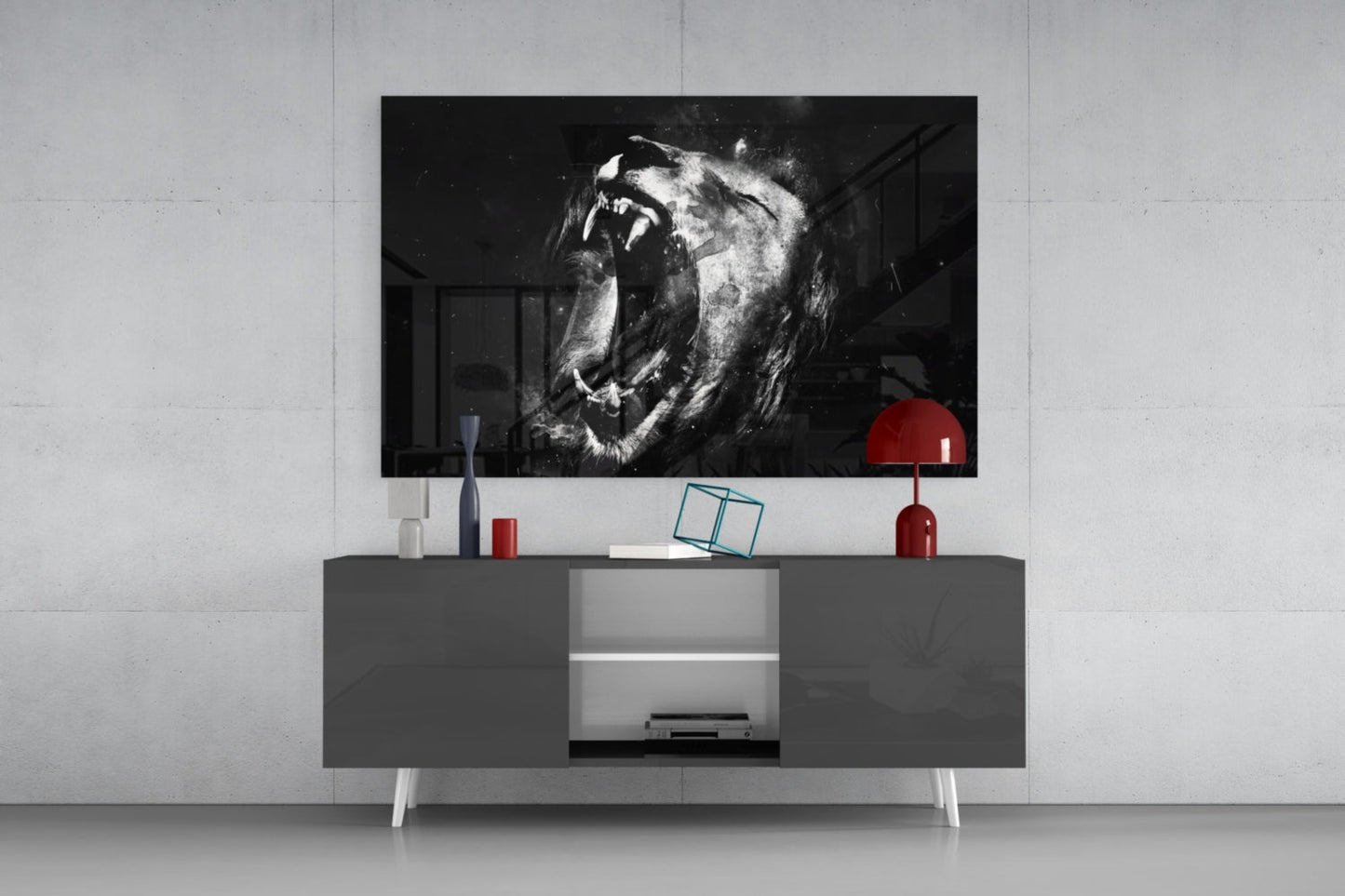 Black and White Roaring Lion Glass Wall Art