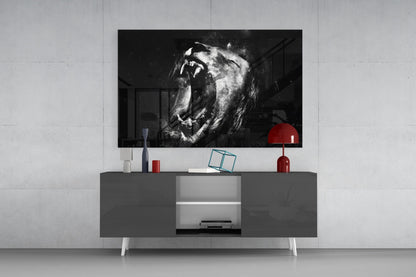Black and White Roaring Lion Glass Wall Art
