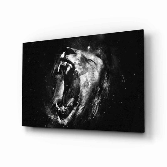 Black and White Roaring Lion Glass Wall Art
