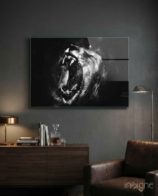 Black and White Roaring Lion Glass Wall Art
