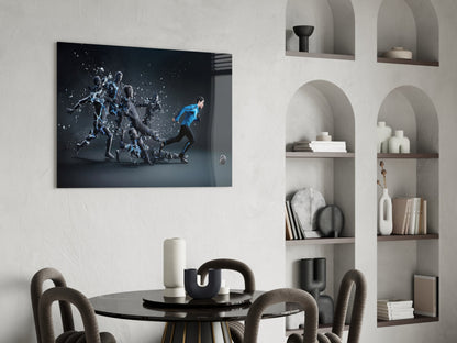 Shattering Blue Footballer Glass Wall Art
