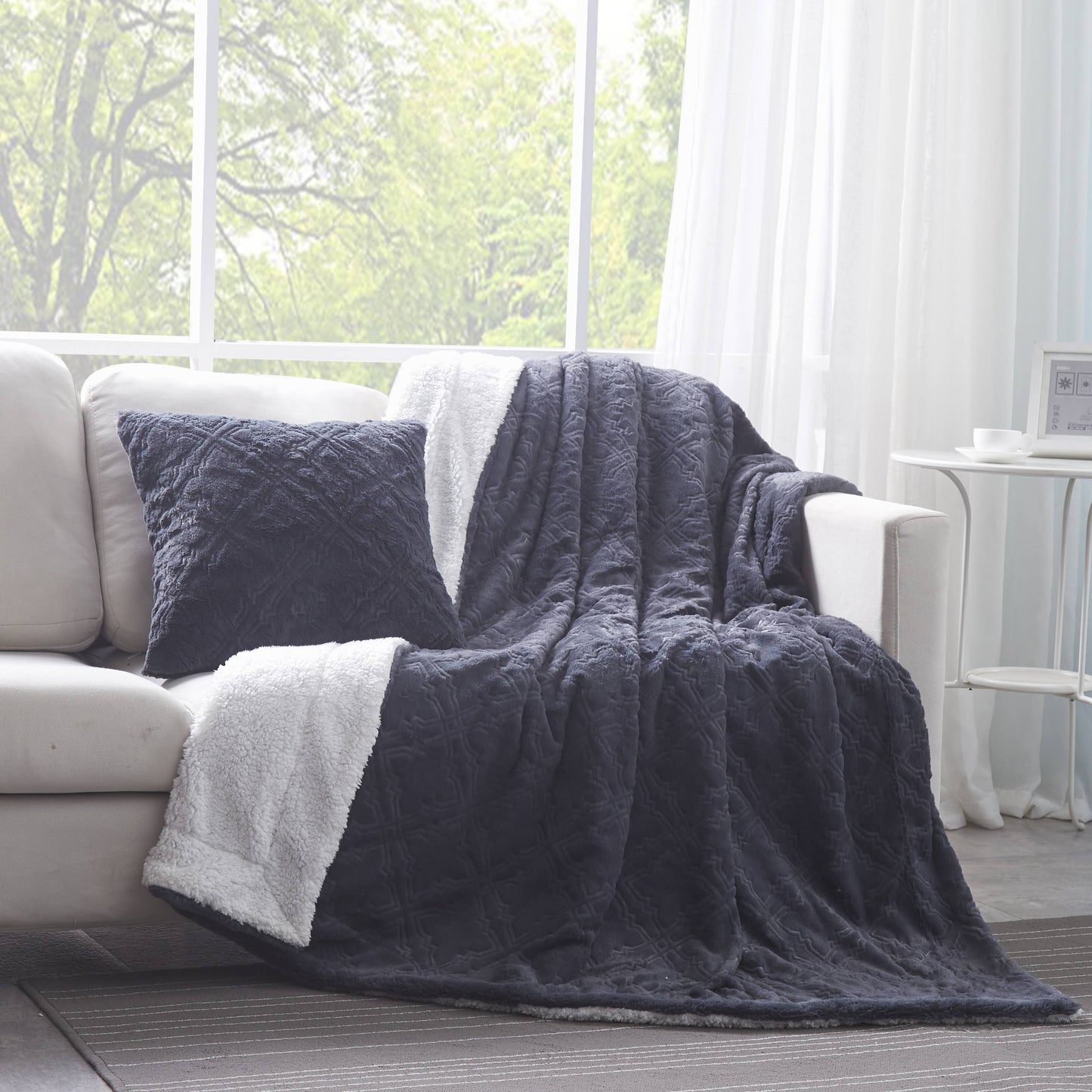Tache Faux Fur Steel Navy Blue Diamond Trellis Pattern Cushion Cover / Euro Sham (3390)