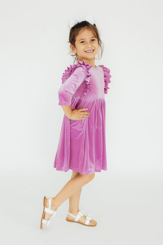 Carnation Pink Velvet Ruffle Twirl Dress - Shaketea