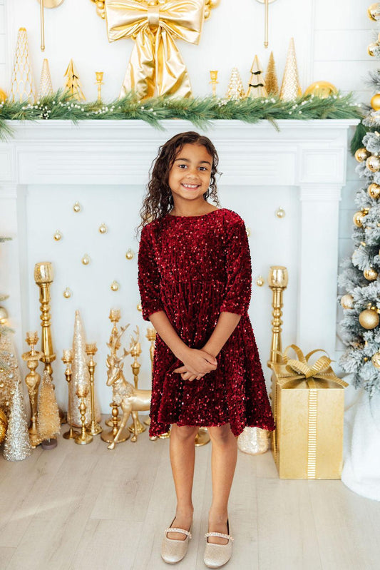 Cranberry Velvet Sequin Dress - Shaketea