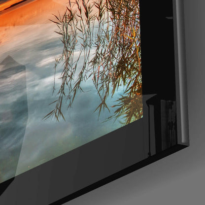 Weathered Dock With Bird Flock at Sunset Glass Wall Art