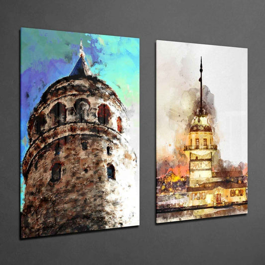 Galata Tower and Maiden's Tower 2 Pieces Combine Glass Wall Art
