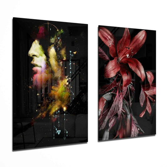 Man and Flower 2 Pieces Combine Glass Wall Art