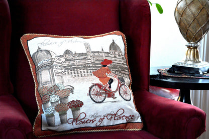 Tache Flowers of Florence Italy Skyline European Postcard Woven Tapestry Throw Pillow Cover (14003)