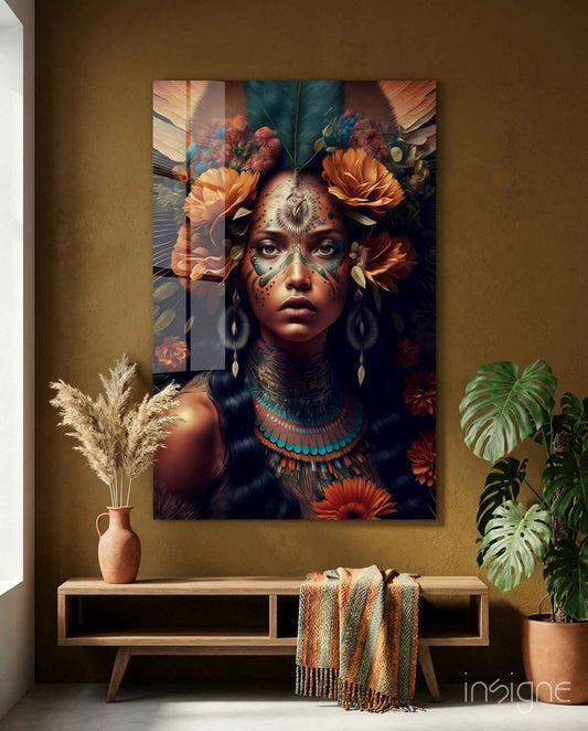 Orange Roses Green Feather Crown Woman Glass Wall Art