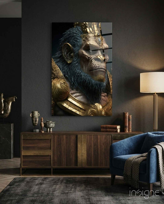 Blue Fur Gorilla in Gold Armor Glass Wall Art