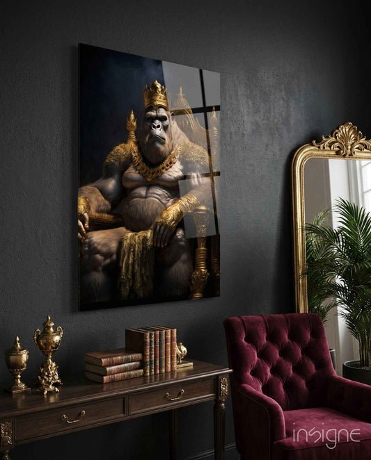 Gorilla King In Gold Robe On Throne Glass Wall Art