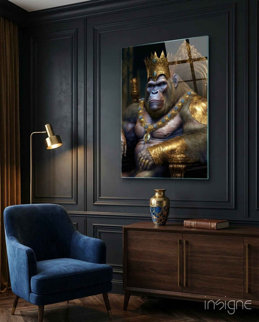 Jeweled Crown Gorilla In Gold Armor Glass Wall Art