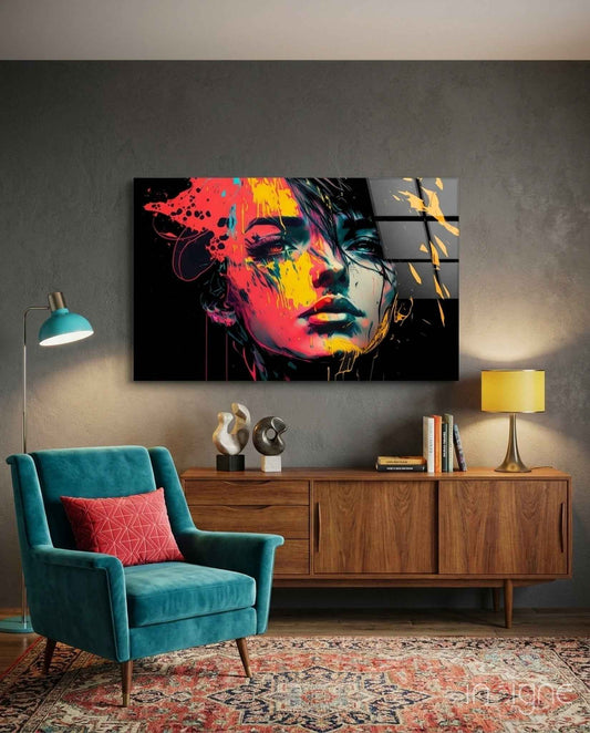 Neon Red Yellow Drip Face on Black Glass Wall Art