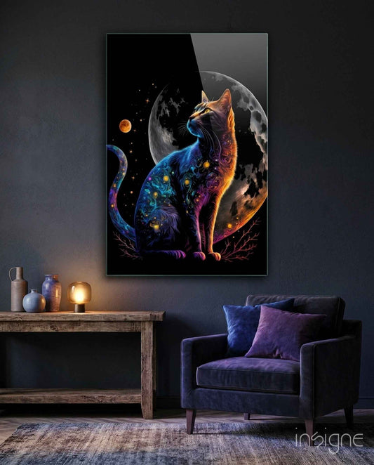 Glowing Blue Cat Silhouette Full Moon Glass Wall Art