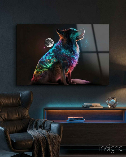 Rainbow Neon Sitting Dog And Moon Glass Wall Art