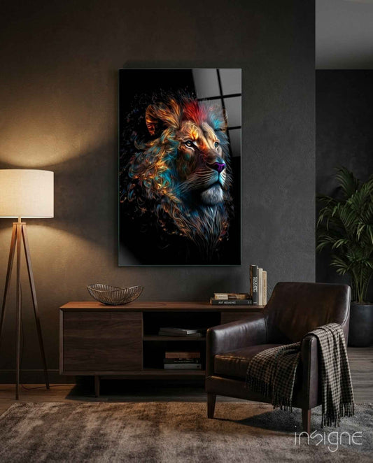 Copper Blue Swirling Mane Lion Glass Wall Art