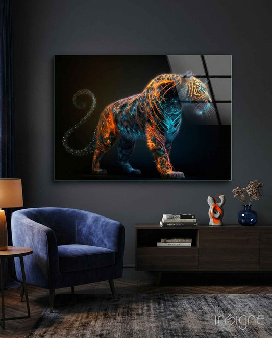 Copper Teal Standing Tiger Curl Tail Glass Wall Art