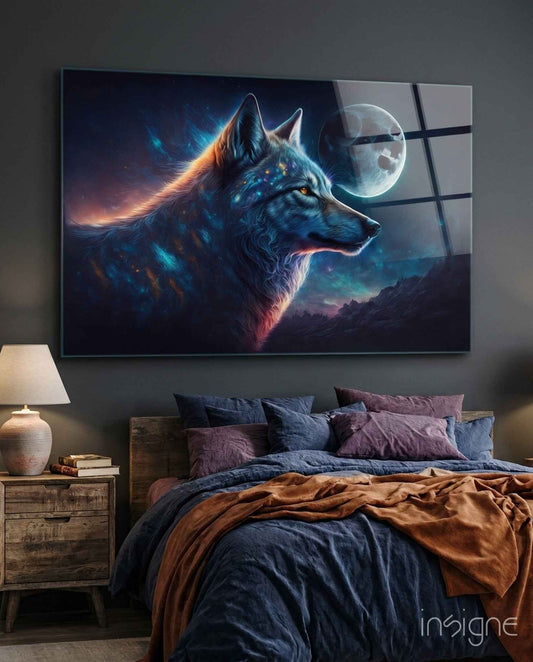 Blue Galaxy Wolf Profile Full Moon Glass Wall Art