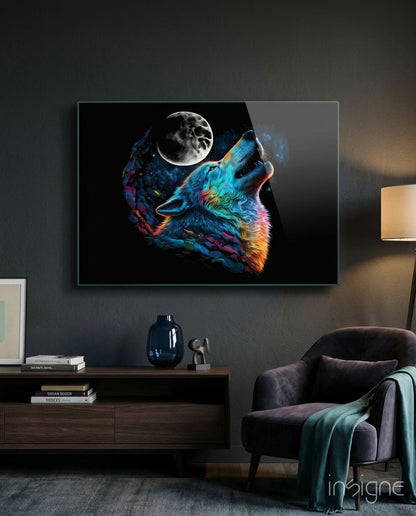 Rainbow Howling Wolf Head And Moon Glass Wall Art