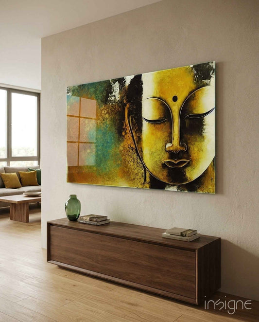 Golden Yellow Serene Buddha Face Glass Wall Art