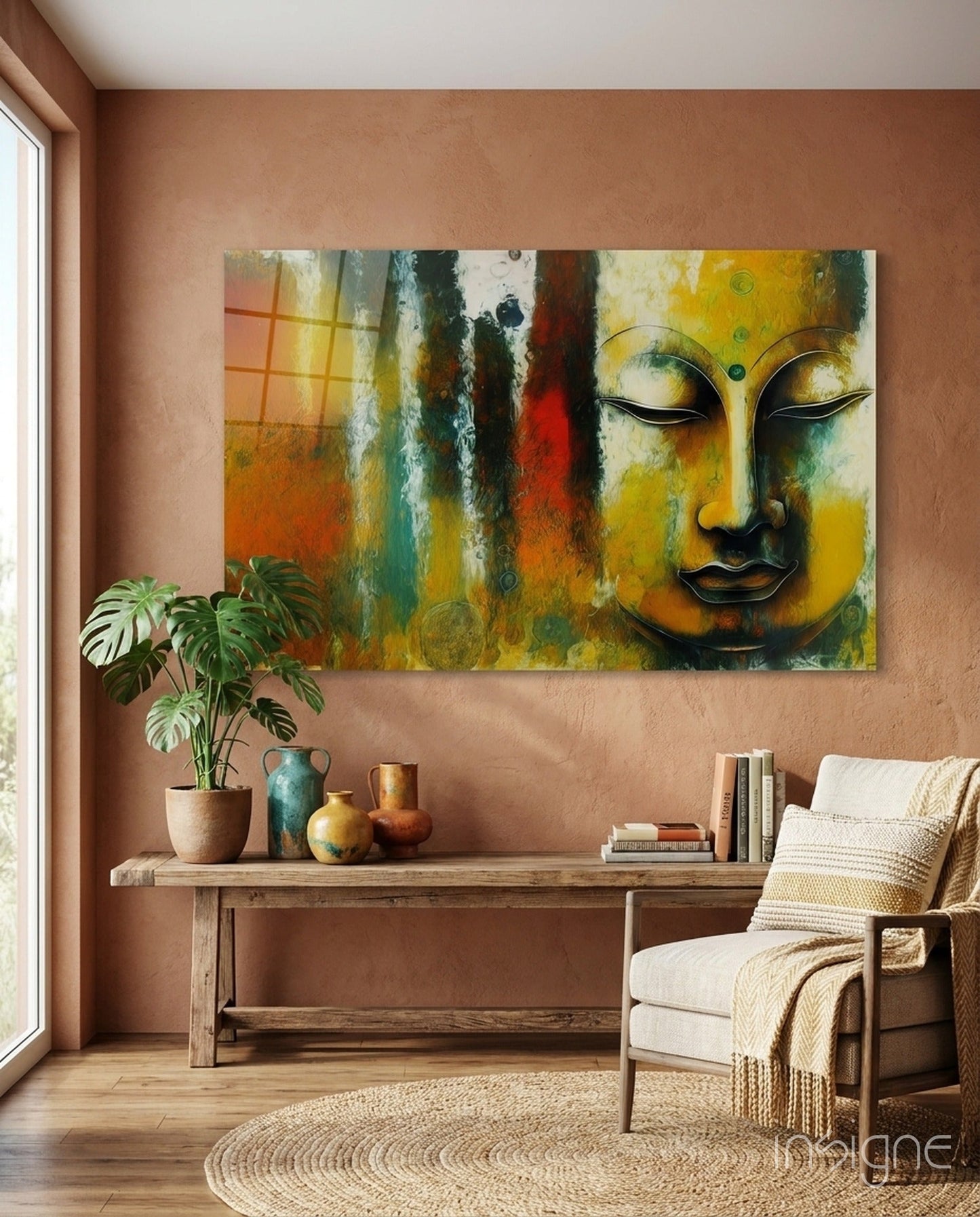 Buddha Face Teal and Rust Abstract Glass Wall Art