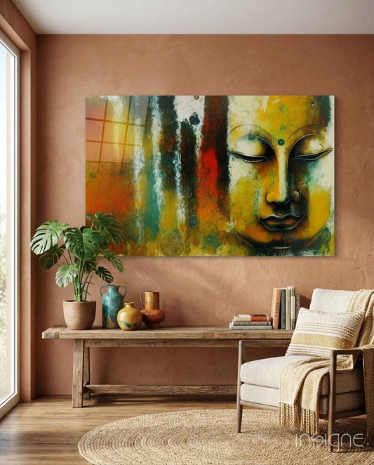 Buddha Face Teal and Rust Abstract Glass Wall Art
