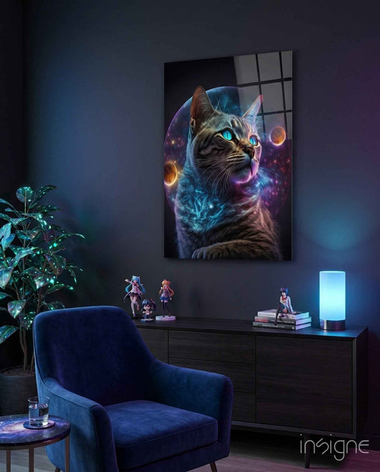 Tabby Cat With Cosmic Planet Orb Glass Wall Art