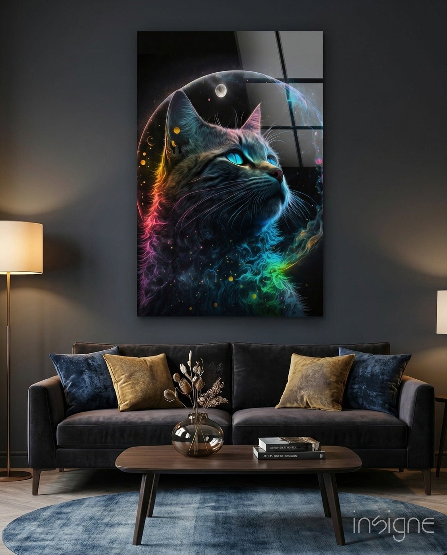 Rainbow Neon Fur Cat Moon Portrait Glass Wall Art