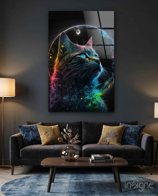 Rainbow Neon Fur Cat Moon Portrait Glass Wall Art
