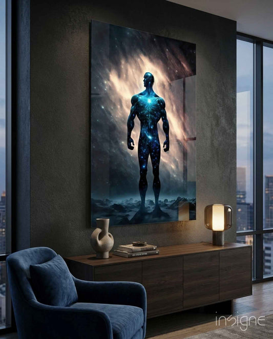 Nebula Cosmic Man On Rocky Ground Glass Wall Art