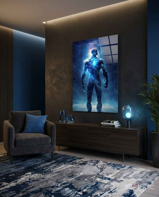 Glowing Blue Cosmic Man Standing Glass Wall Art