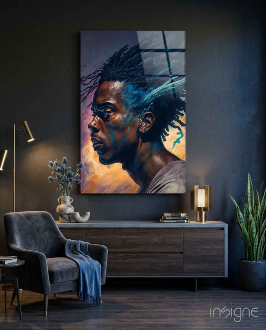 Blue Locs Man Profile On Orange Glass Wall Art
