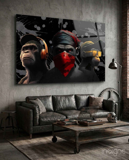 3 Wise Monkeys Glass Wall Art  || Designer Collection