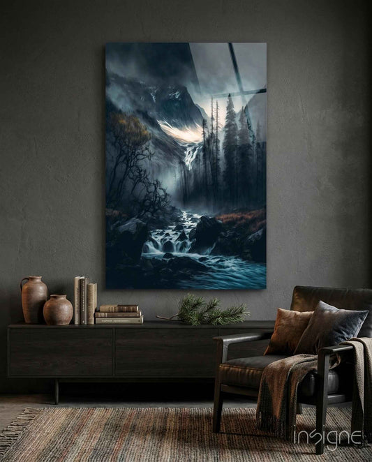 Dusk Gorge Misty Pines Rapids Glass Wall Art