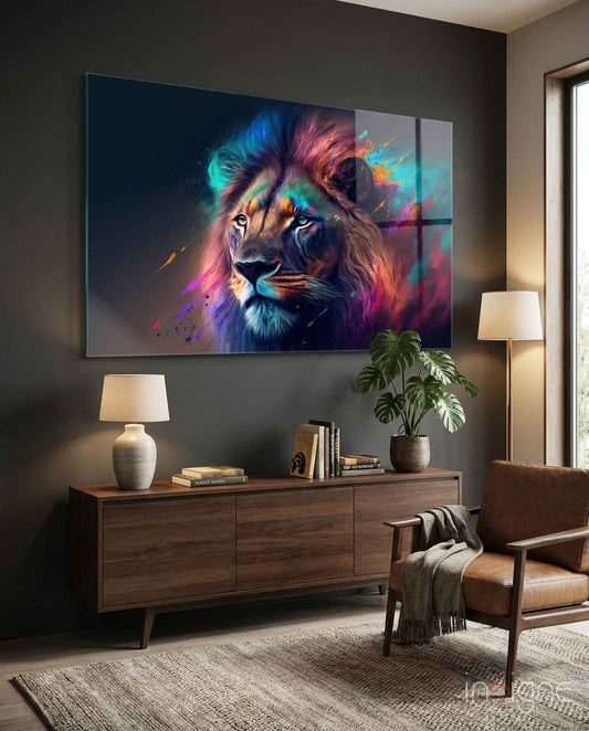 Violet Teal Mist Regal Lion Face Glass Wall Art
